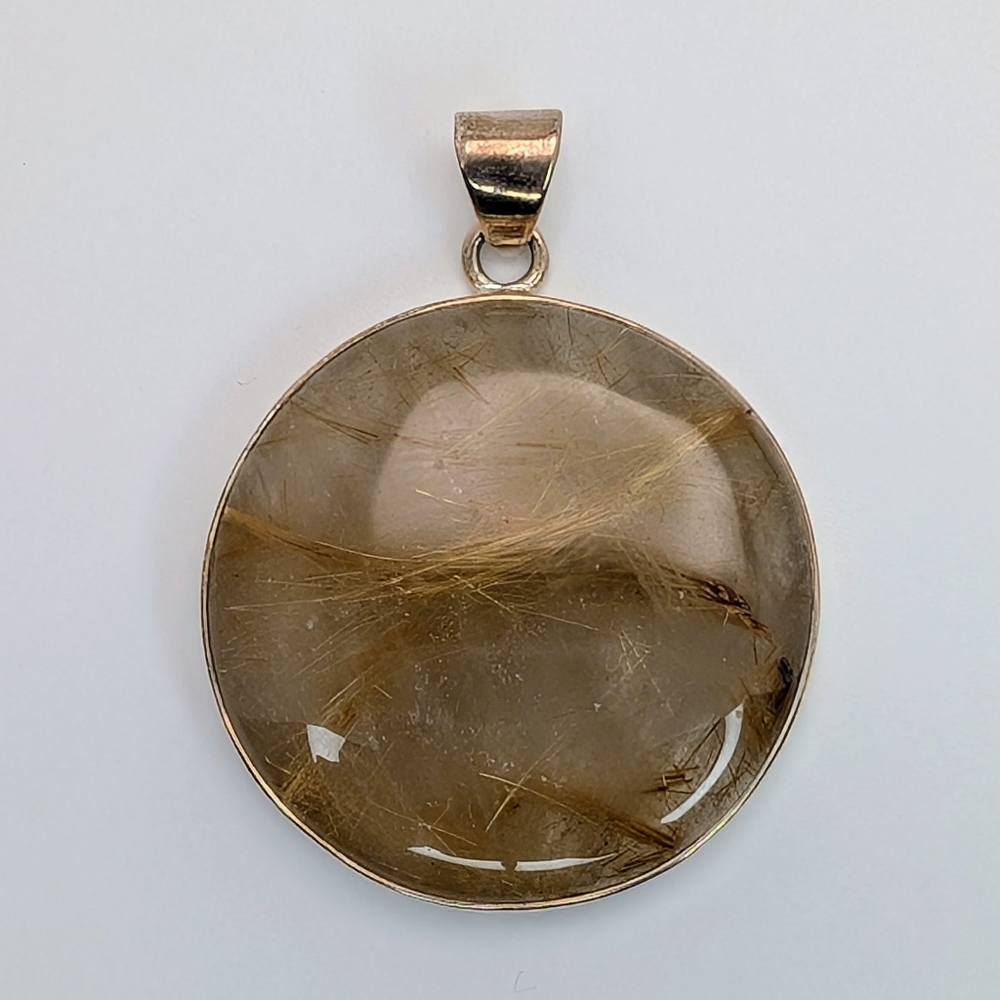 S925 Sterling Silver Large Golden Rutilated Quartz Pendant